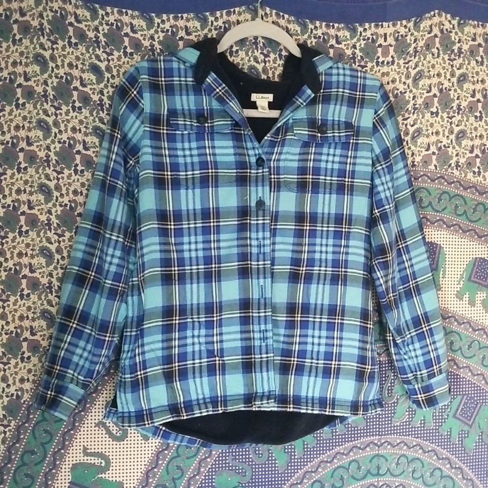 L.L.Bean xxs petite fleece lined hooded flannel, sky blue plaid